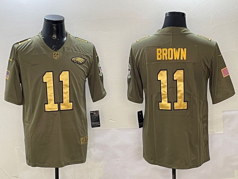 Men Philadelphia Eagles #11 Brown Green 2025 Nike Olive Gold Salute to Service Limited NFL Jersey style 1